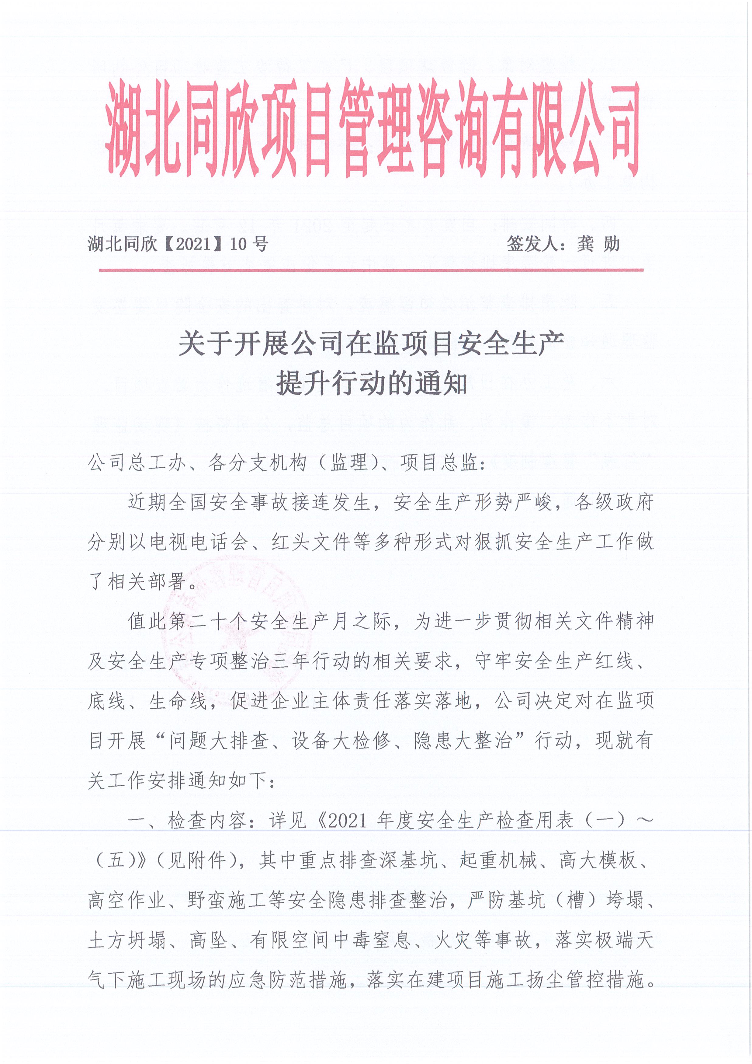 湖北同欣[2021]10号关于开展公司在监项目安全生产提升行动的通知1